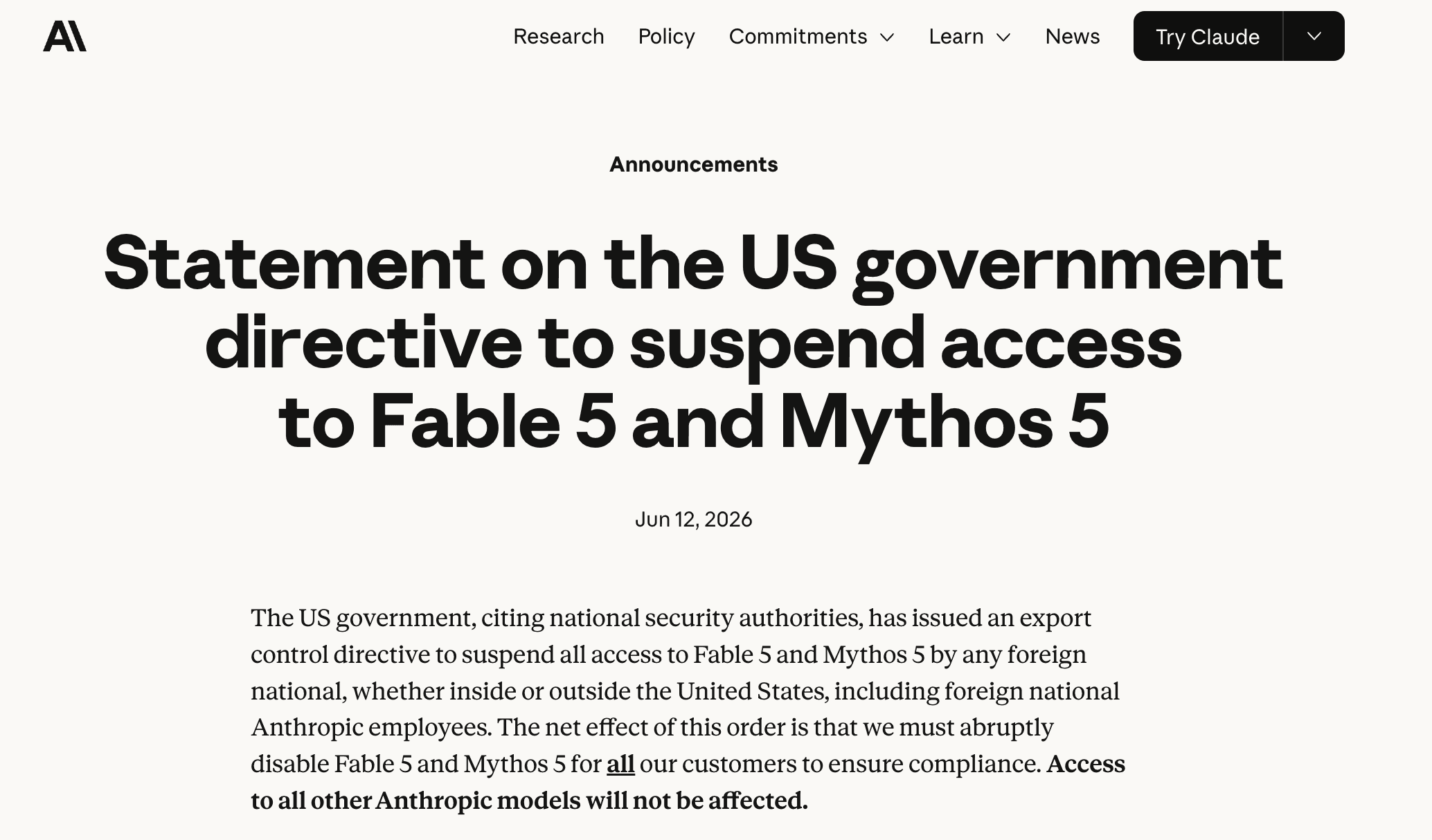 Anthropic's June 12 statement announcing the US government directive to suspend access to Fable 5 and Mythos 5.