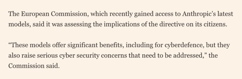 The European Commission said it was assessing the implications of the directive on its citizens, noting these models offer significant benefits for cyberdefence but also raise serious cyber security concerns.